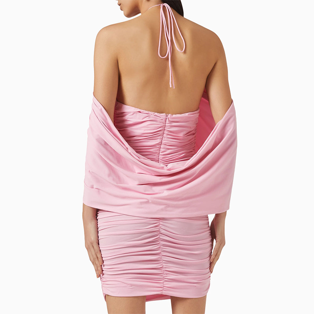 Halter Floral Detail Draped Dress Pink HV1589