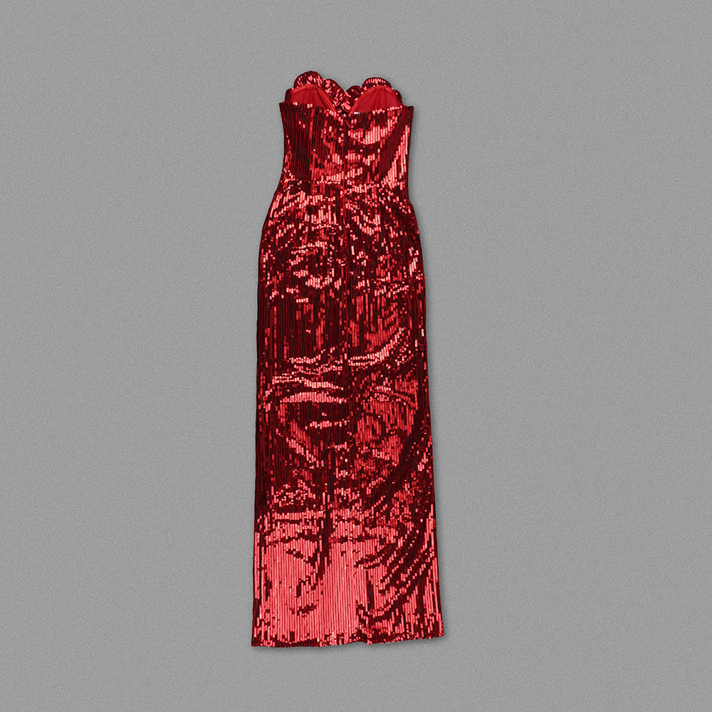 Strapless Flower Sequin Maxi Dress Red HV1007