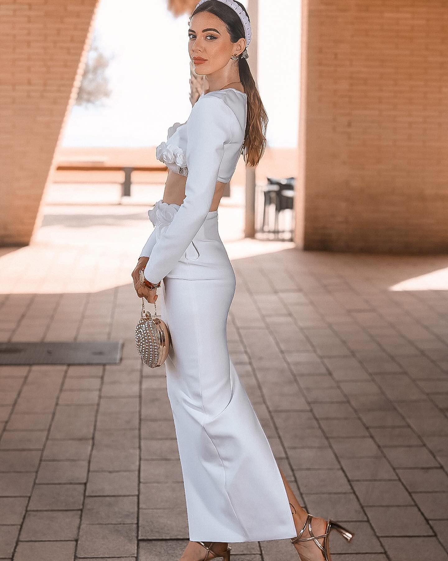 Long Sleeve Flower Detail Two Piece Maxi Dress White HV1155