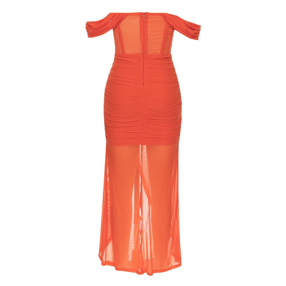 Off Shoulder Bustier Draped Mesh Maxi Dress HV9837