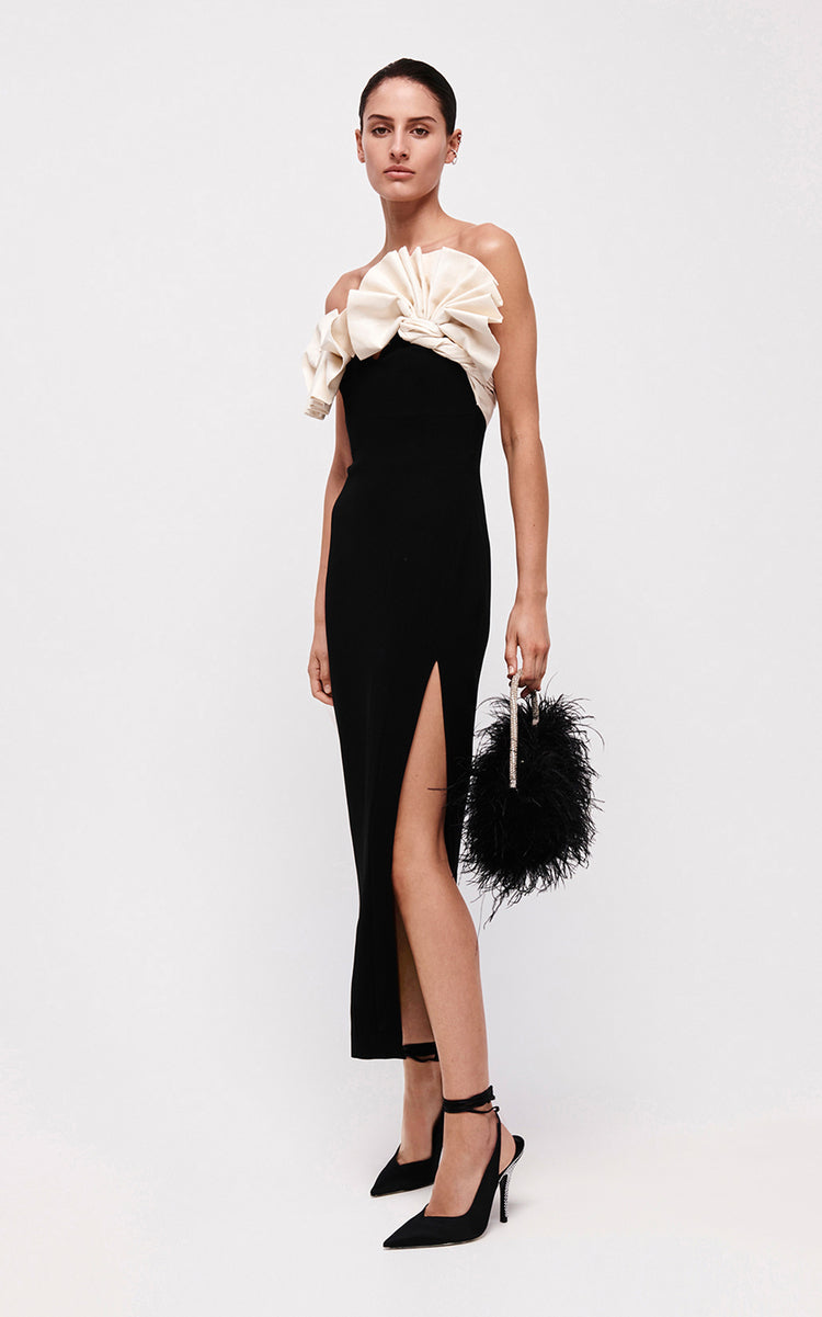 Pleated Detail Midi Dress Black White HV9661