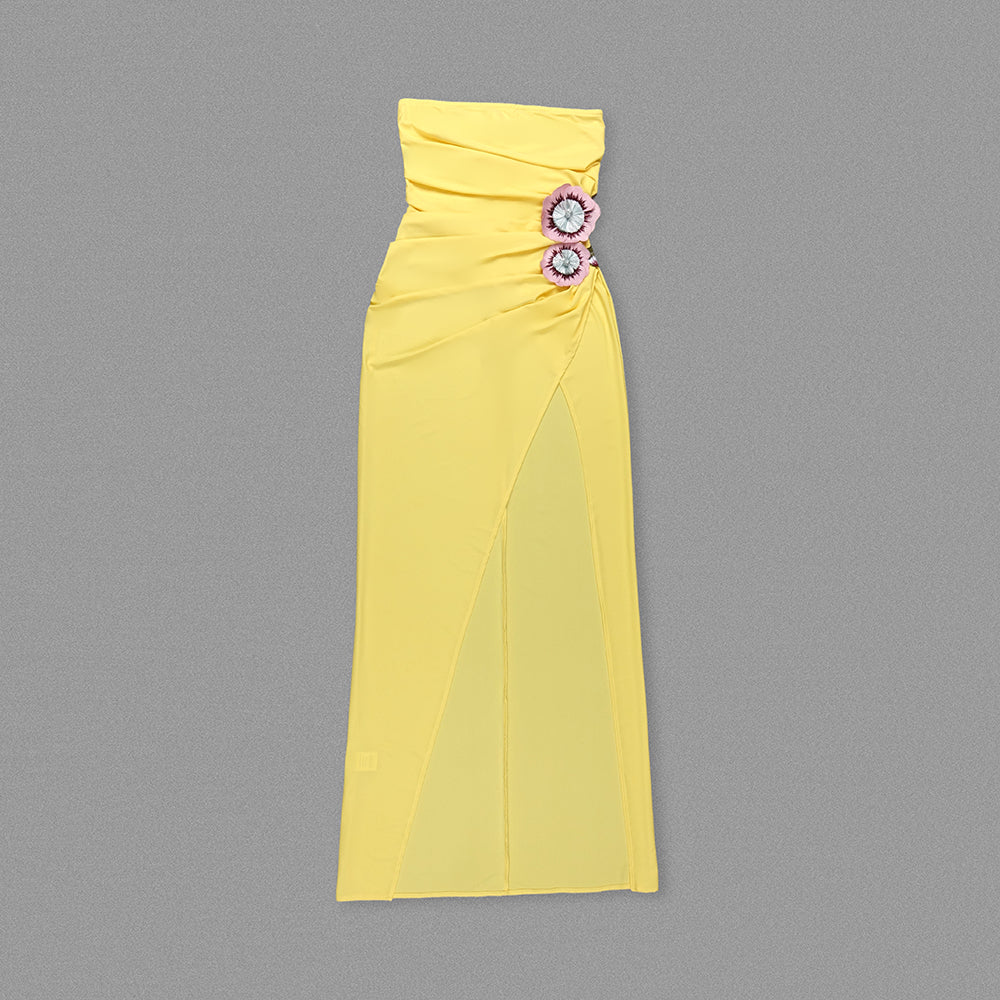 Strapless Floral Detail Maxi Dress Yellow HV1369