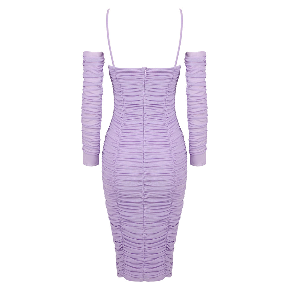 Long Sleeve Ruched Floral Midi Dress Lavender HV1284