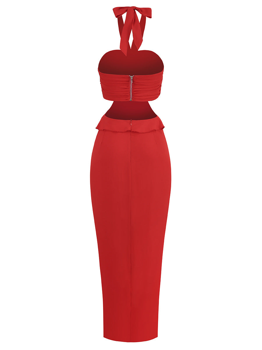 Halter Floral Ruffle Maxi Dress Red