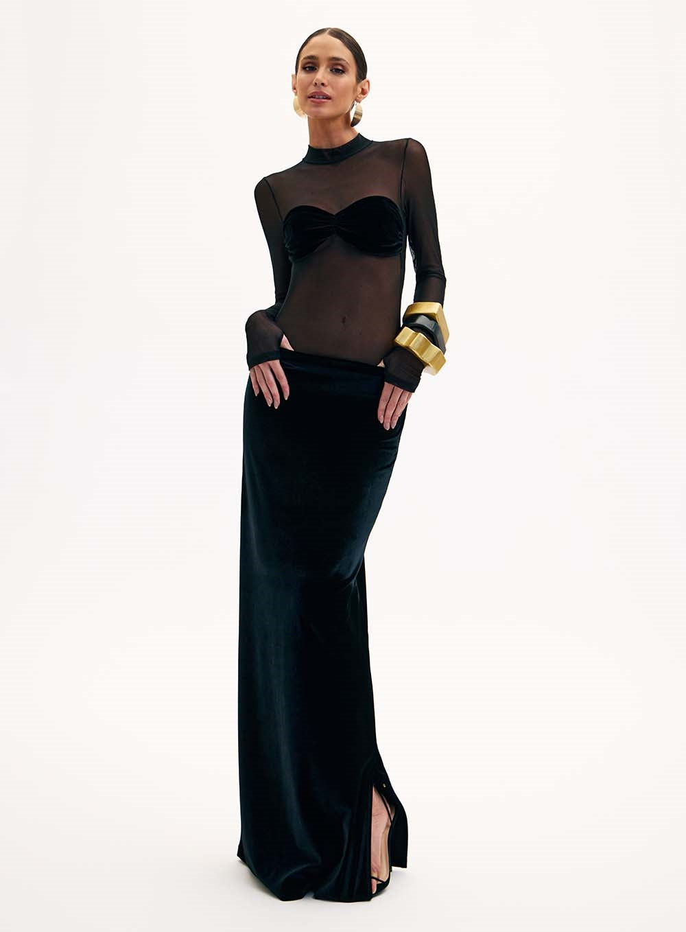 Long Sleeve Bustier Mesh Maxi Dress Black HV1537