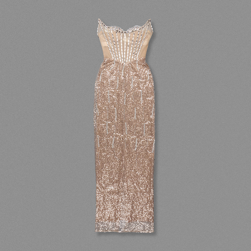 Strapless Crystal Corset Sequin Maxi Dress Gold HV1959