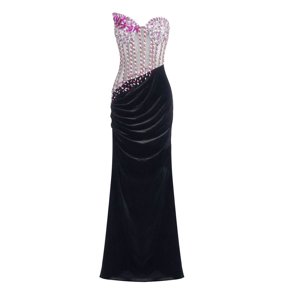 Strapless Crystal Corset Maxi Velvet Dress Hot Pink Black HV2064