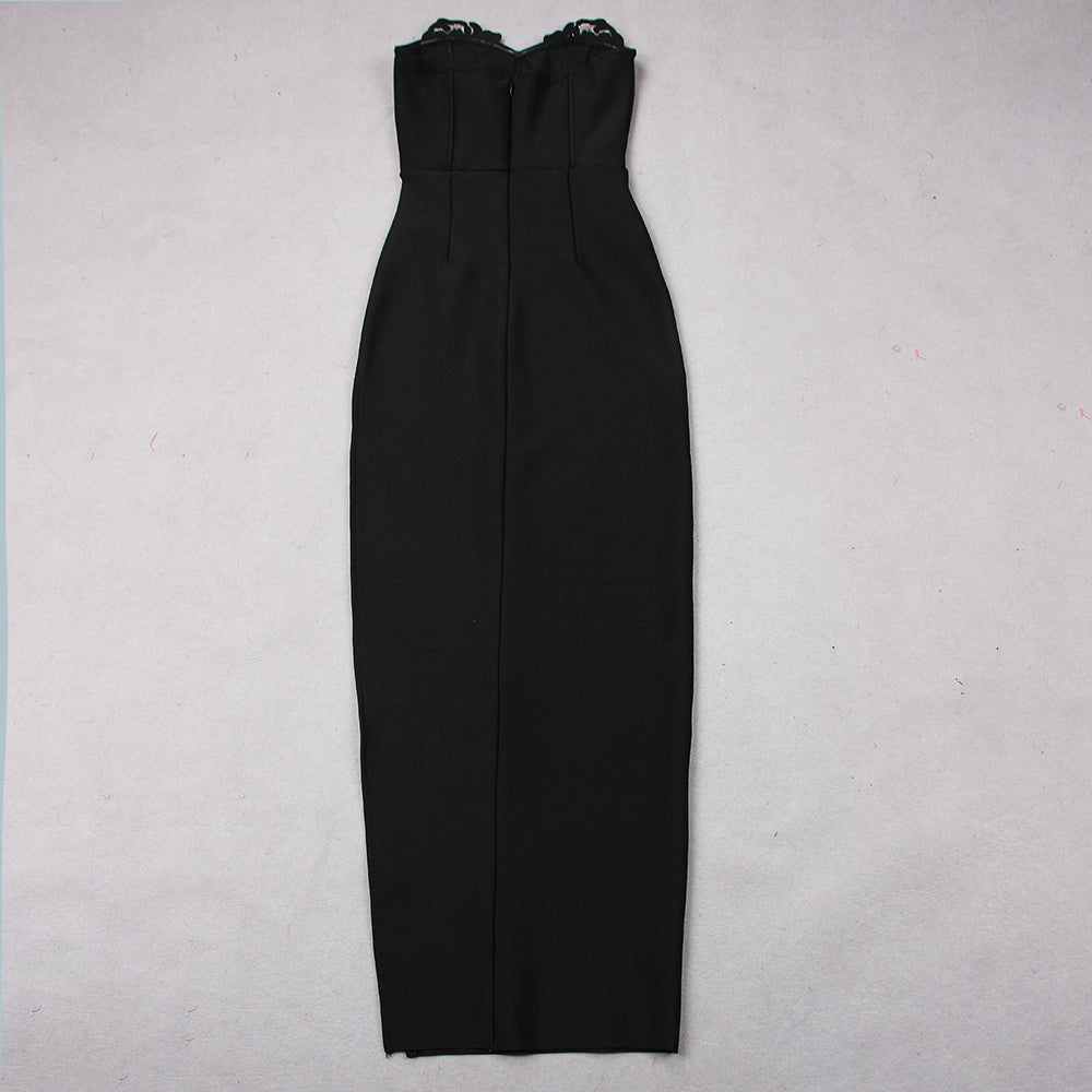 Rhinestone Flower Strapless Maxi Dress Black HV8792