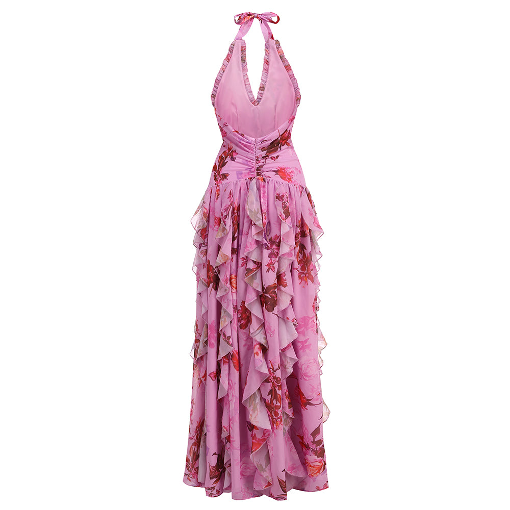 Halter Floral Ruffle Maxi Dress Pink HV2137