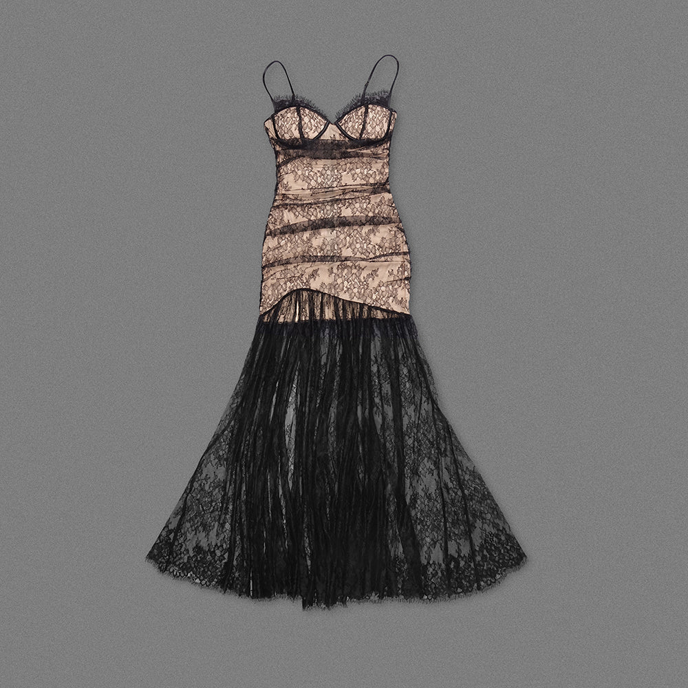 Lace Corset A Line Maxi Dress Black Nude HV1766