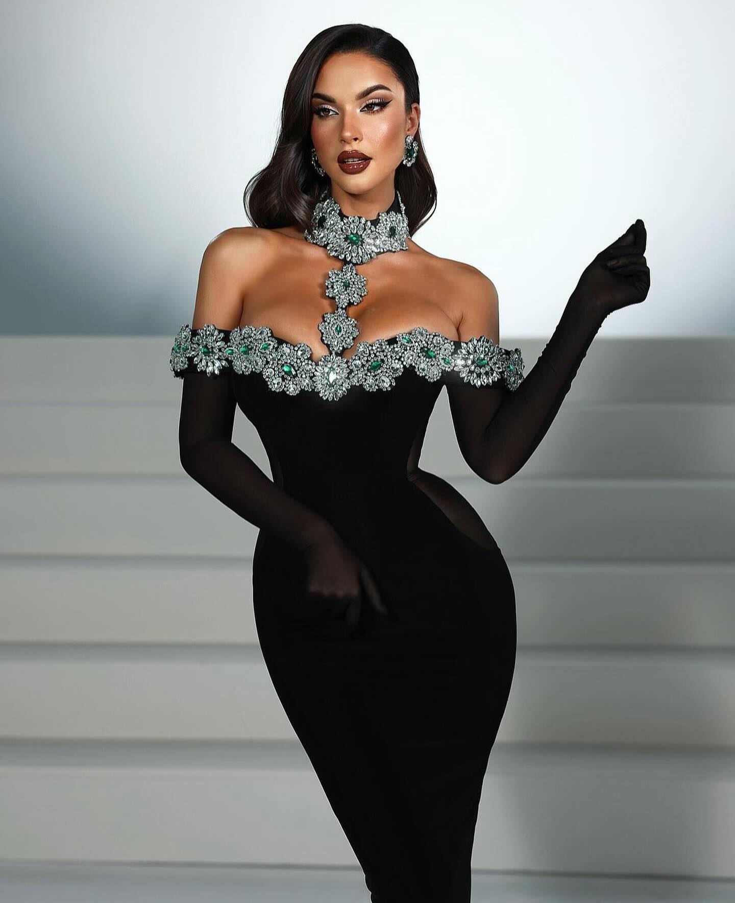 Halter Crystal Bardot Velvet Dress Maxi Black HV1495