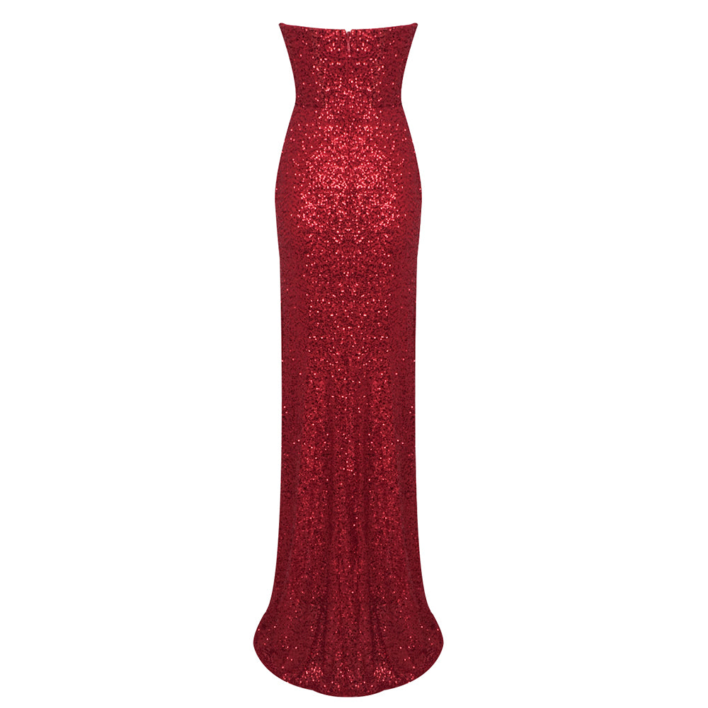 Strapless Crystal Bustier Sequin Maxi Dress Red HV179