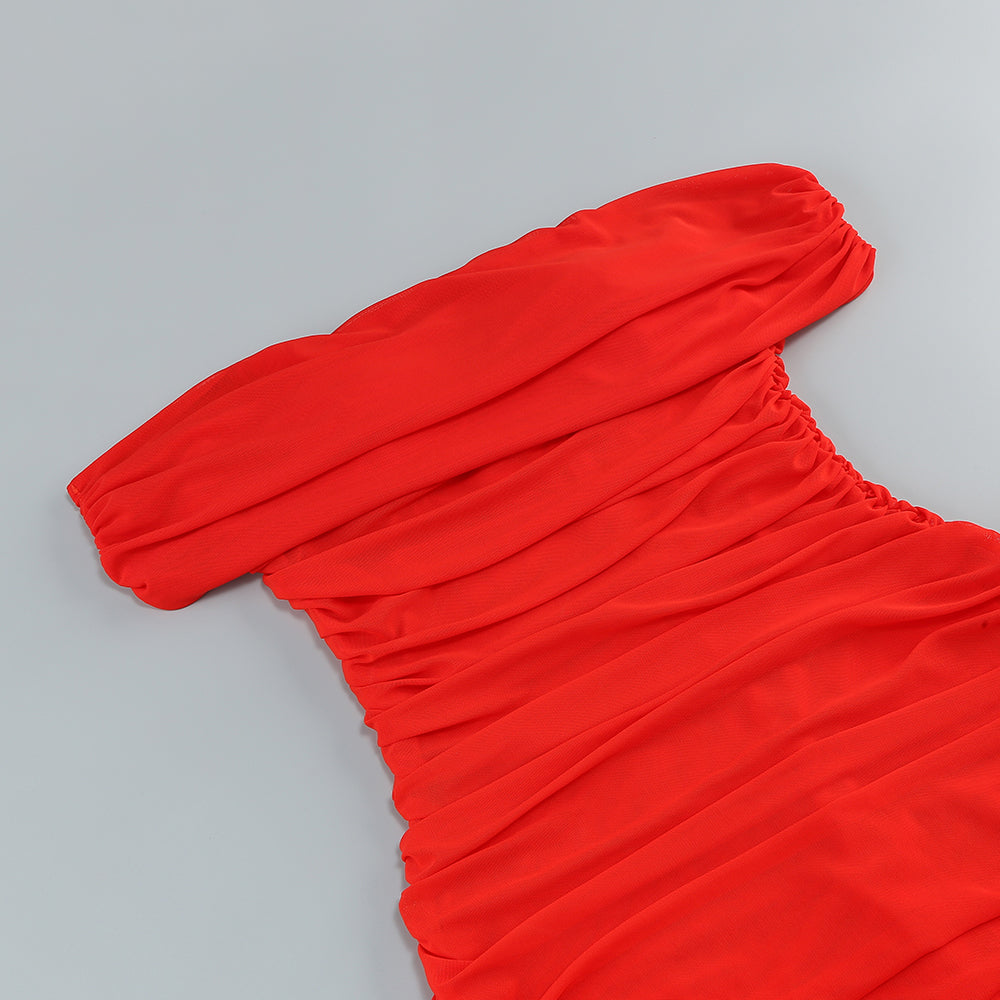 Draped Bardot Maxi Dress Red