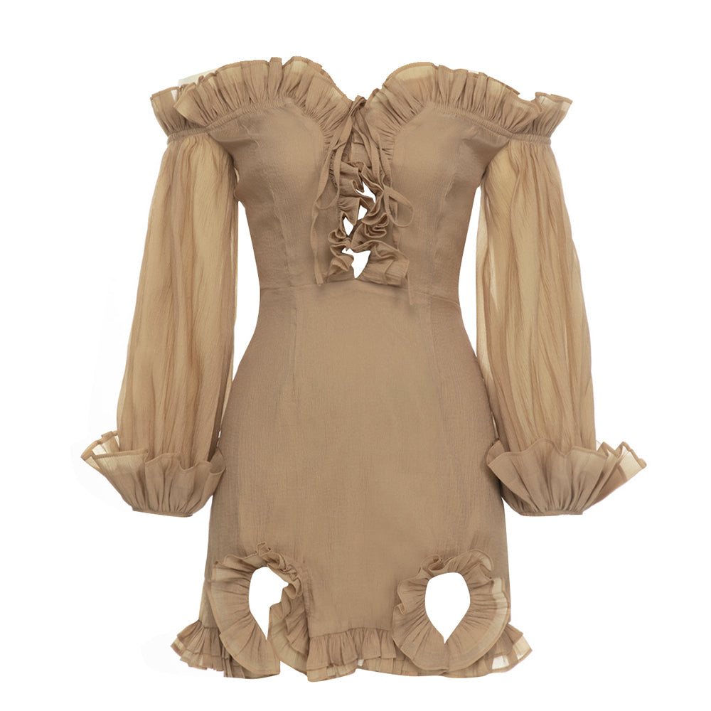 Puff Long Sleeve Off Shoulder Ruffle Dress Brown