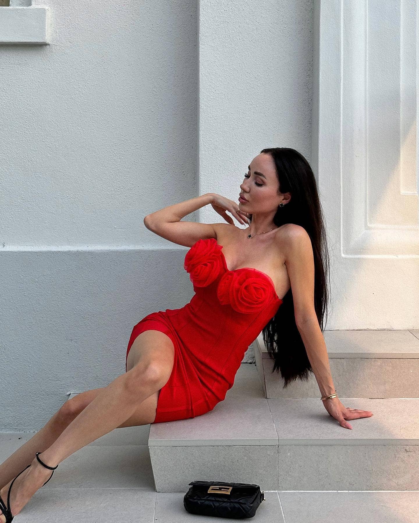 Flower Detail Strapless Dress Red HV9548