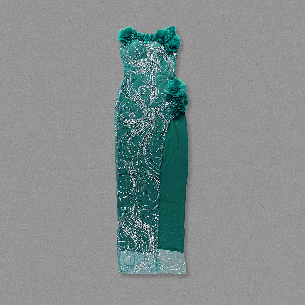 Floral Strapless Sequin Maxi Dress Green HV2080
