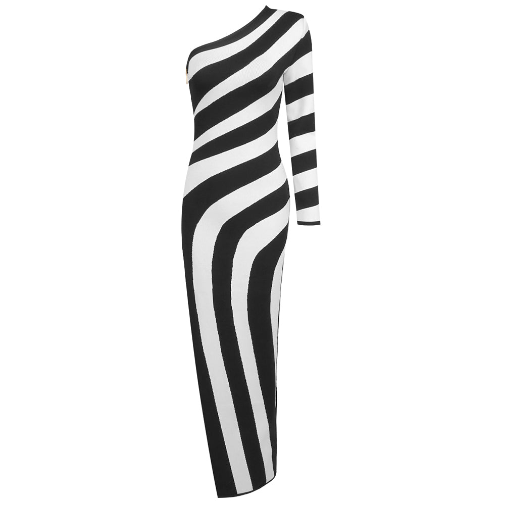 One Sleeve Striped Maxi Dress Black White HV1823