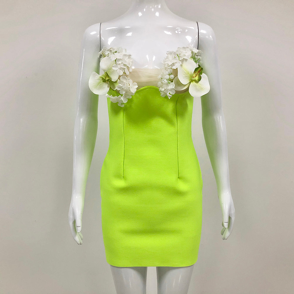 Strapless Floral Dress Neon Green HV1596