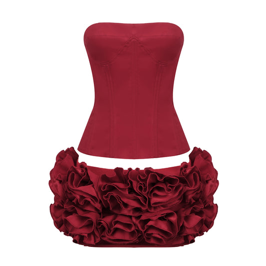 Strapless Corset Floral Ruffle Two Piece Dress Red HV1645