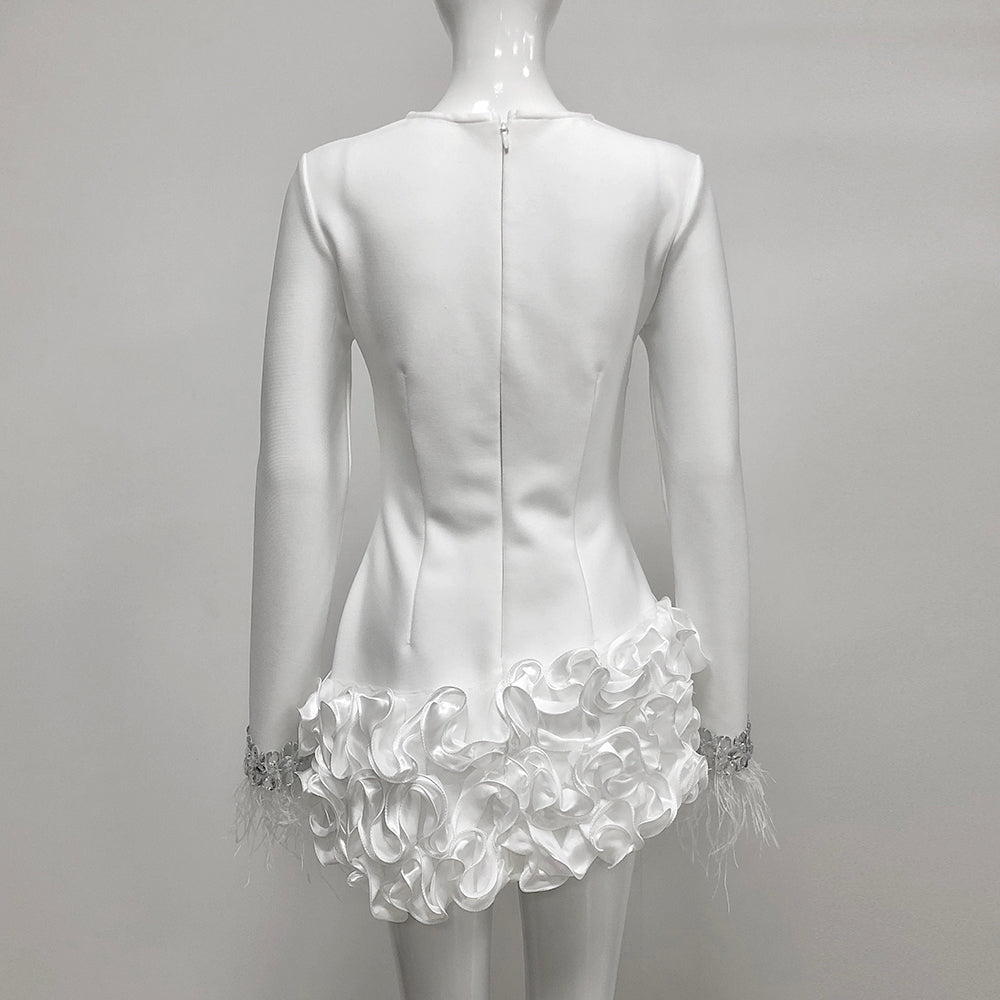 Crystal Feather Long Sleeve Ruffle Dress