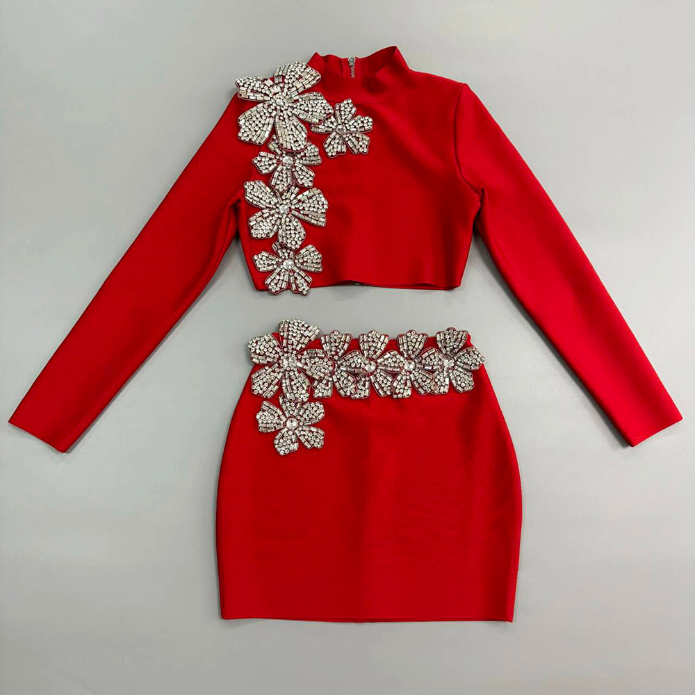 Long Sleeve Crystal Floral Detail Two Piece Dress HV2004