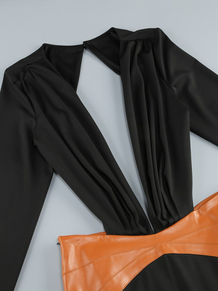 Long Sleeve Plunge V Neck Maxi Dress Black Brown HV2485