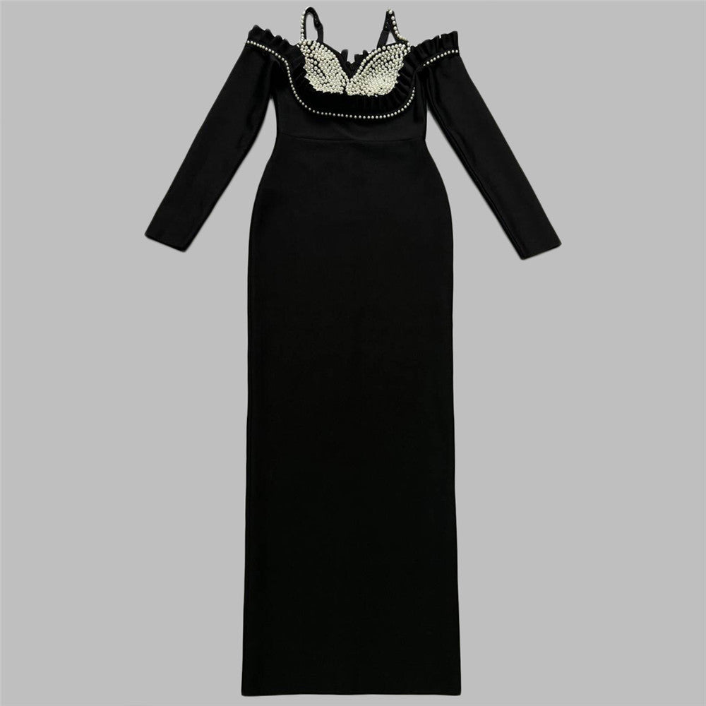Long Sleeve Pearl Bustier Maxi Dress Black HV1671