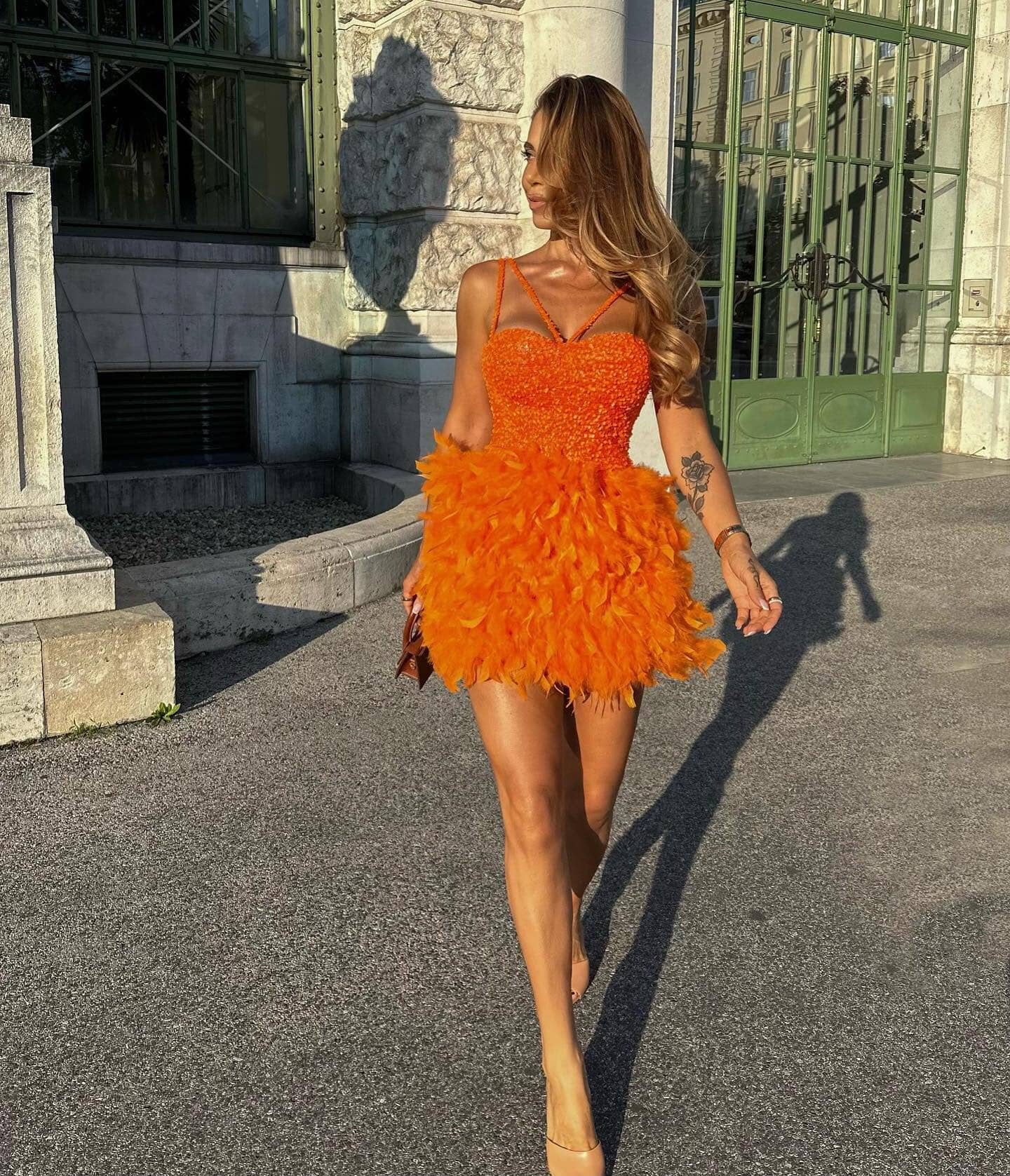 Bustier Sequin Feather Dress Orange HV9569