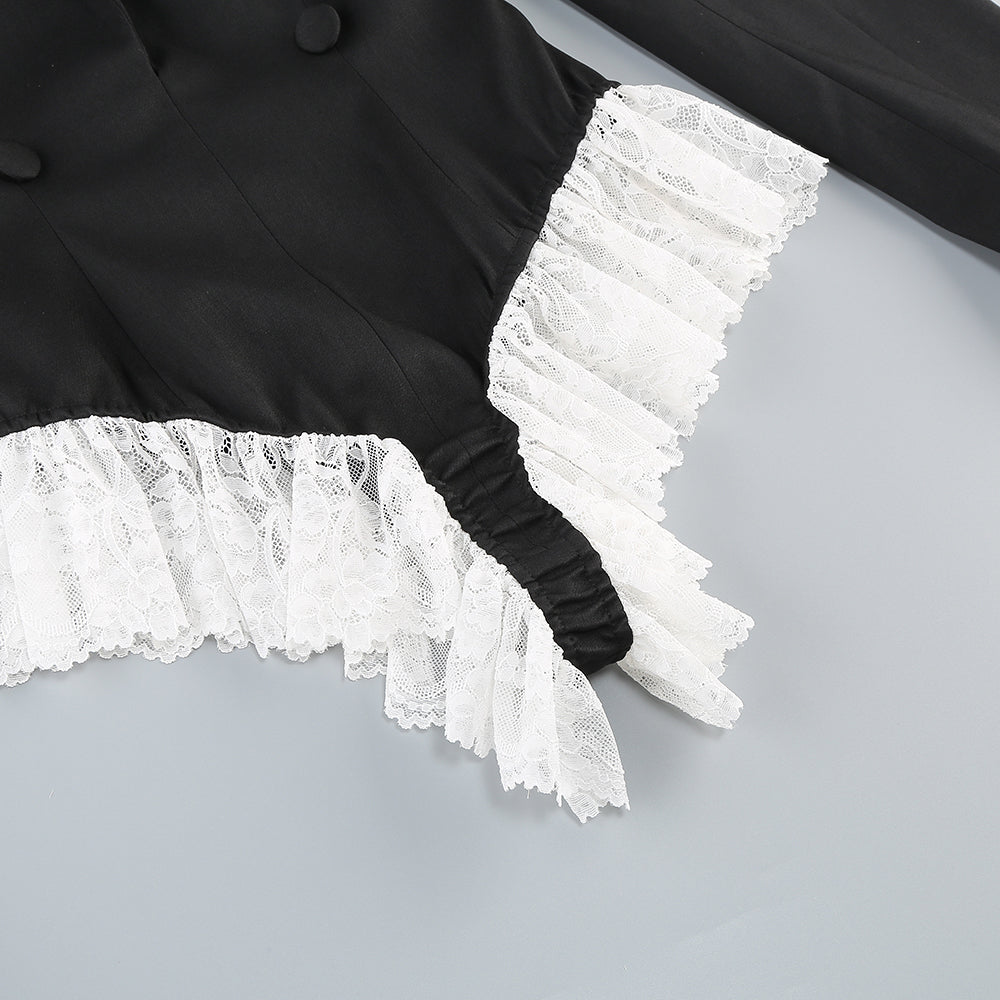 Long Sleeve Lace Bodysuit Black White HV1748