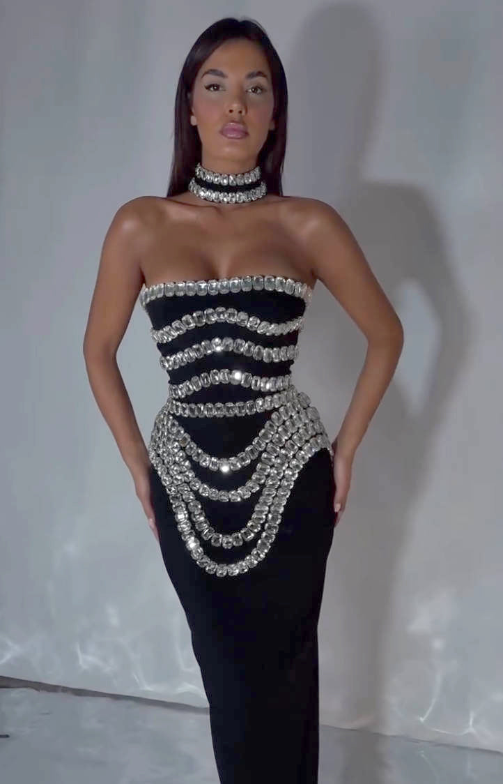 Strapless Crystal Trims Maxi Dress Black HV2003