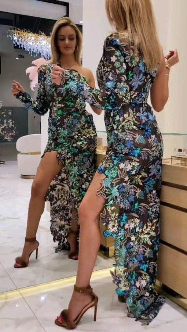 One Sleeve Sequin Floral Maxi Dress HV1608