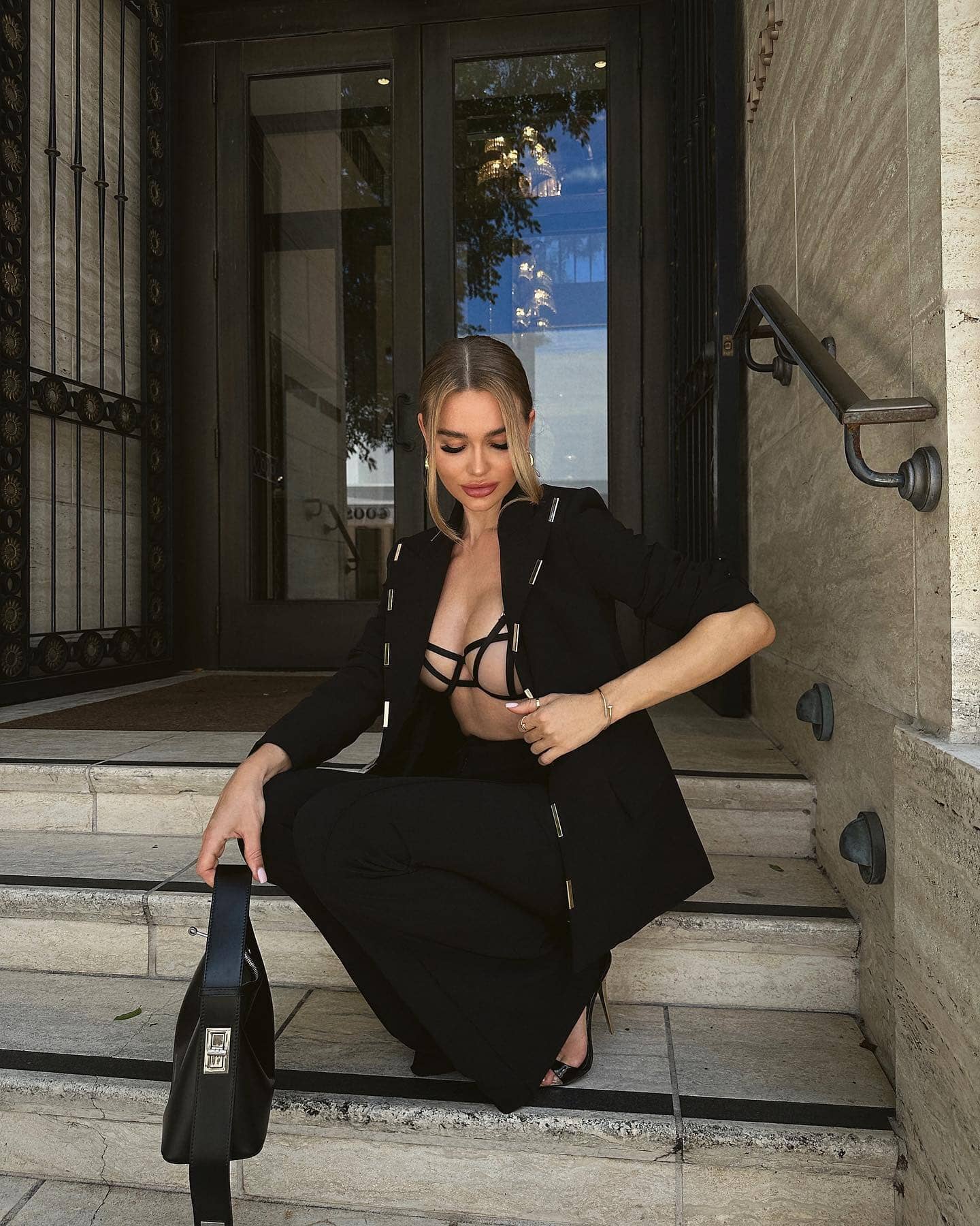 Long Sleeve Applique Suit Black