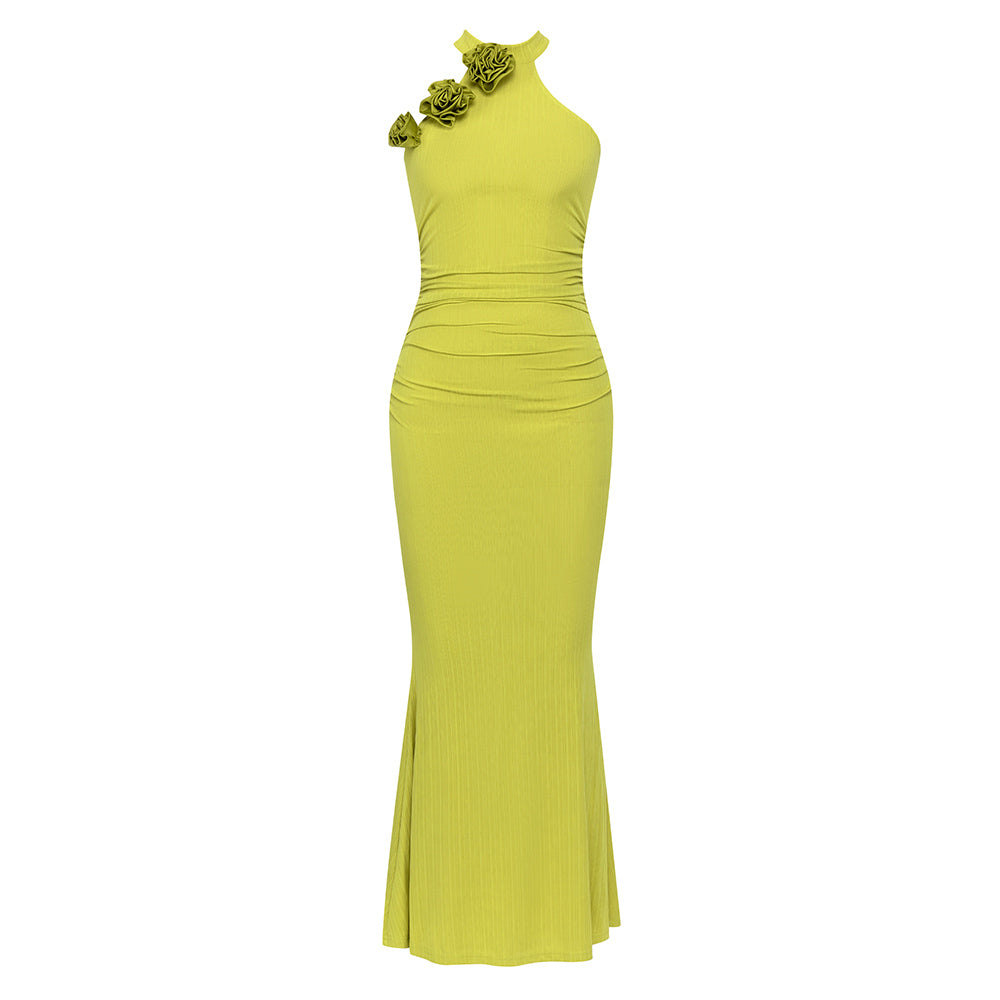Halter Flower Detail Ruched Maxi Dress Green HV9688