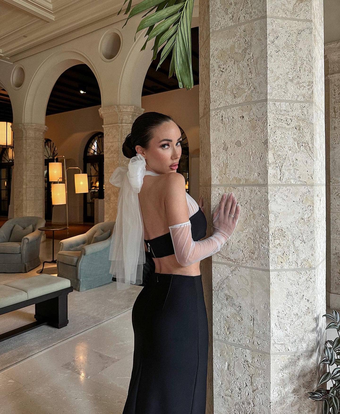 Halter Mesh Two Piece Maxi Dress Black White HV9713