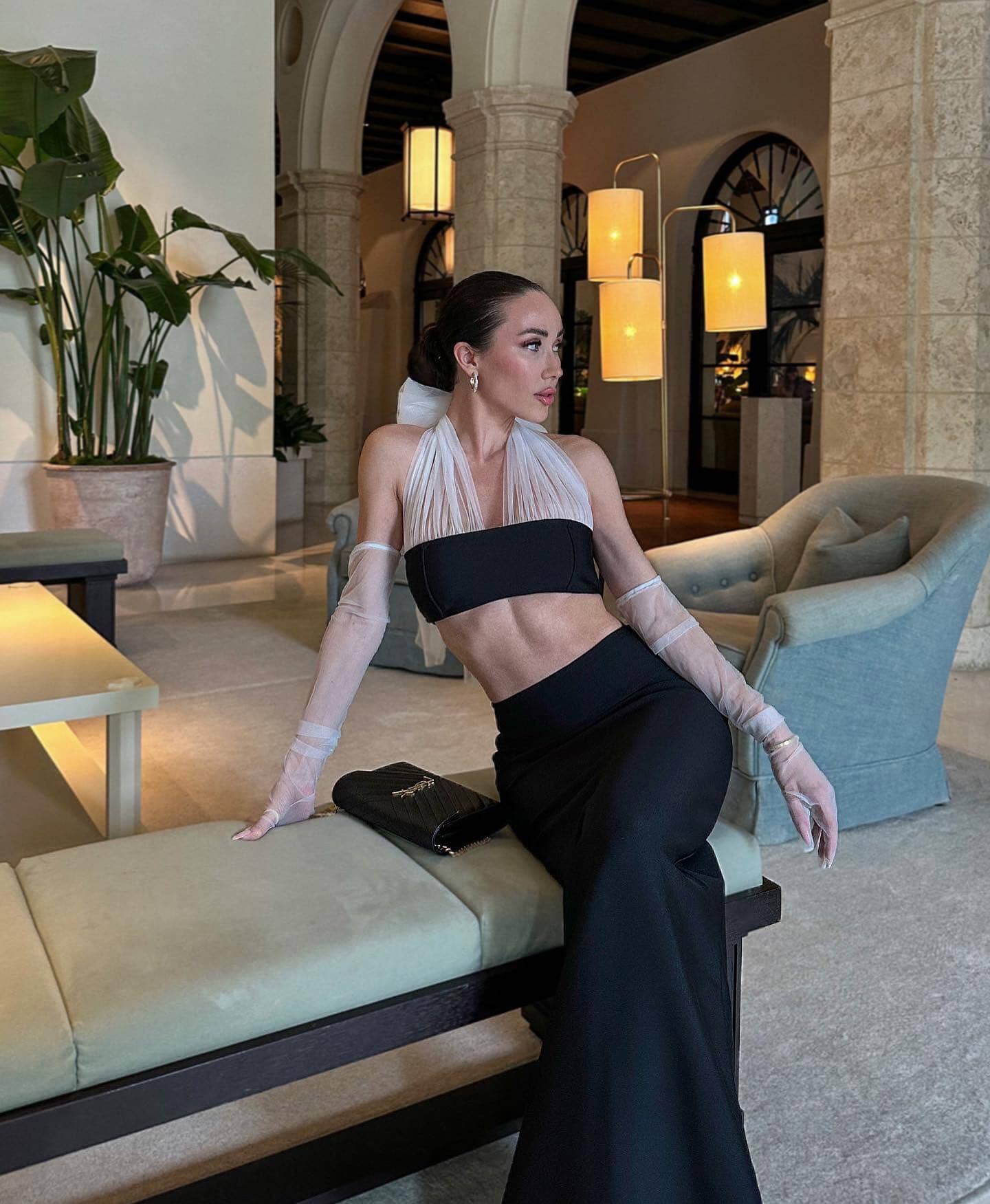 Halter Mesh Two Piece Maxi Dress Black White HV9713