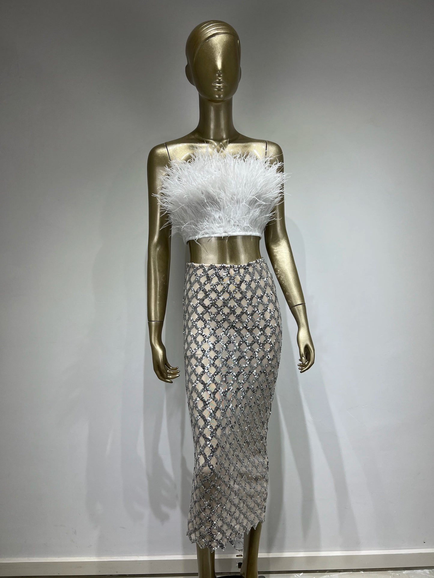 Strapless Feather Maxi Two Piece Dress HV8893