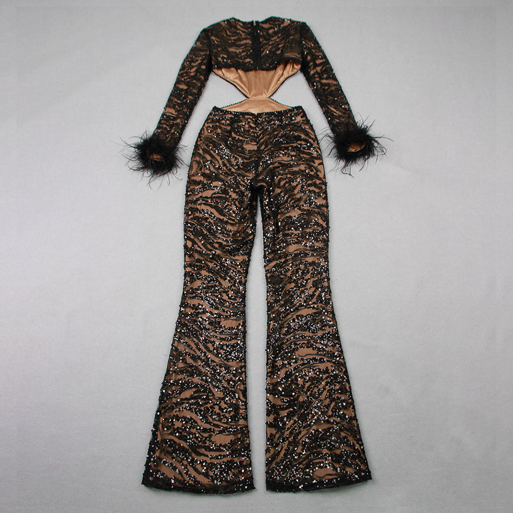 Long Sleeve Feather Sequin Jumpsuit Black HV9961