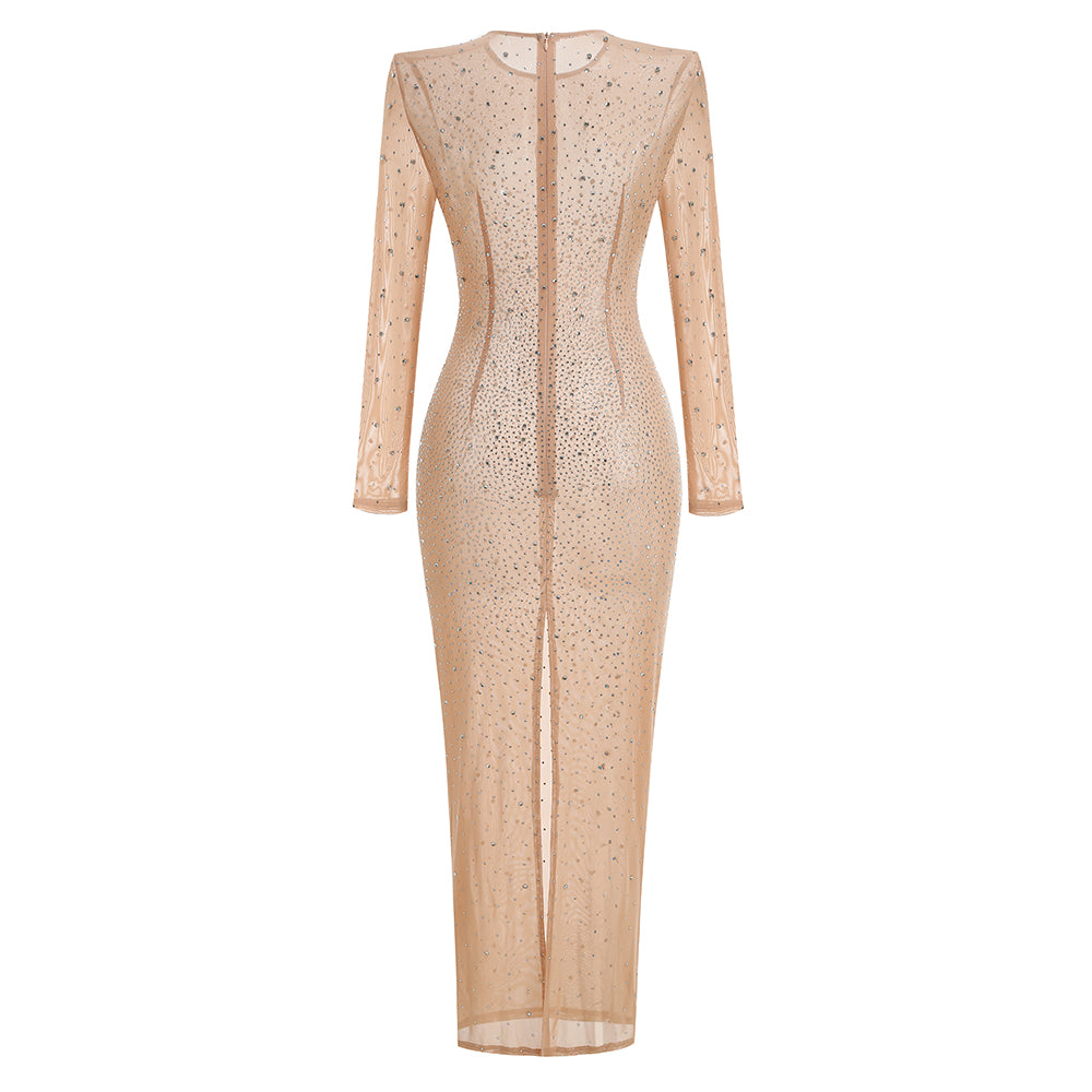 Long Sleeve Crystal Mesh Maxi Dress Nude HV2085