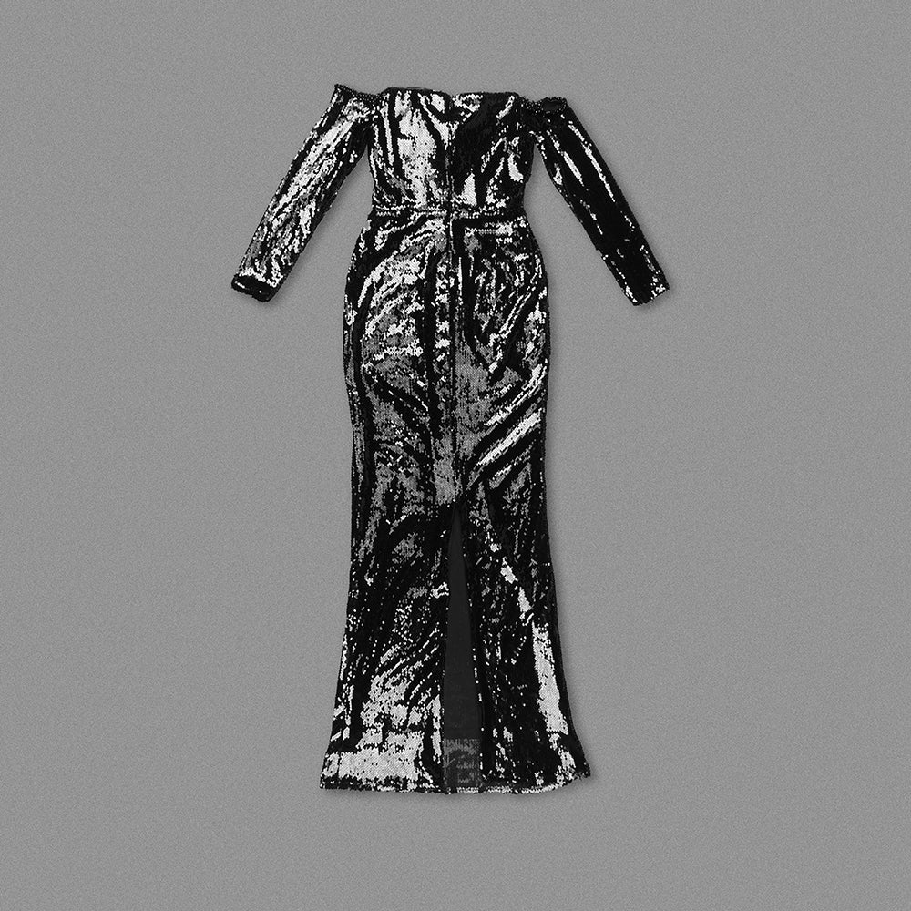 Long Sleeve Bardot Sequin Maxi Dress Black HV1555