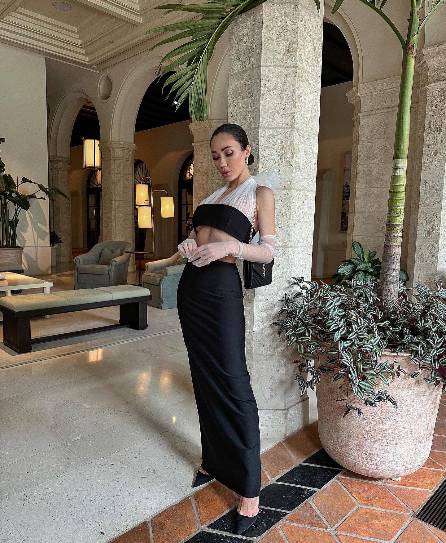 Halter Mesh Two Piece Maxi Dress Black White HV9713