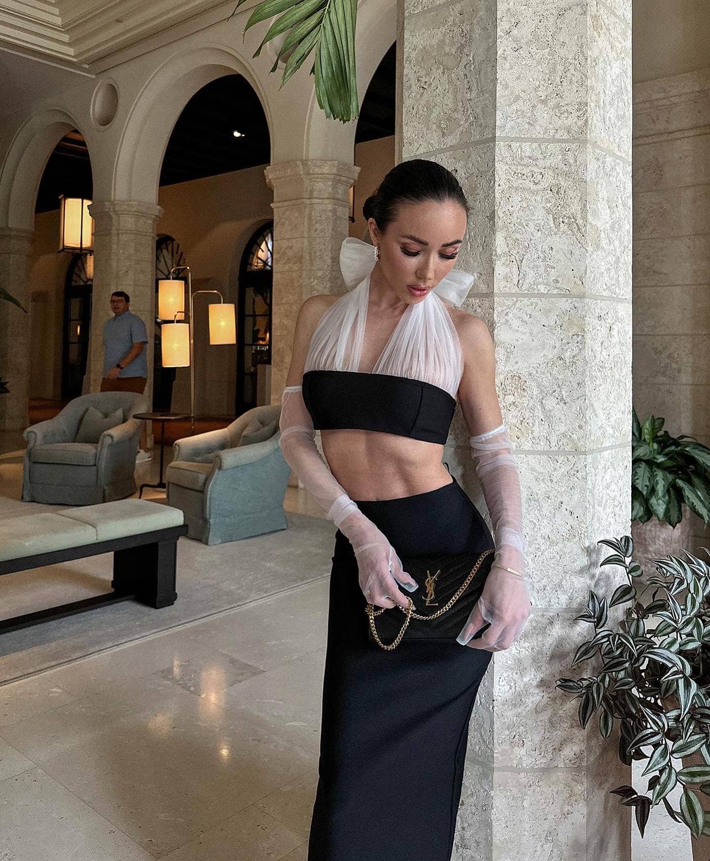 Halter Mesh Two Piece Maxi Dress Black White HV9713