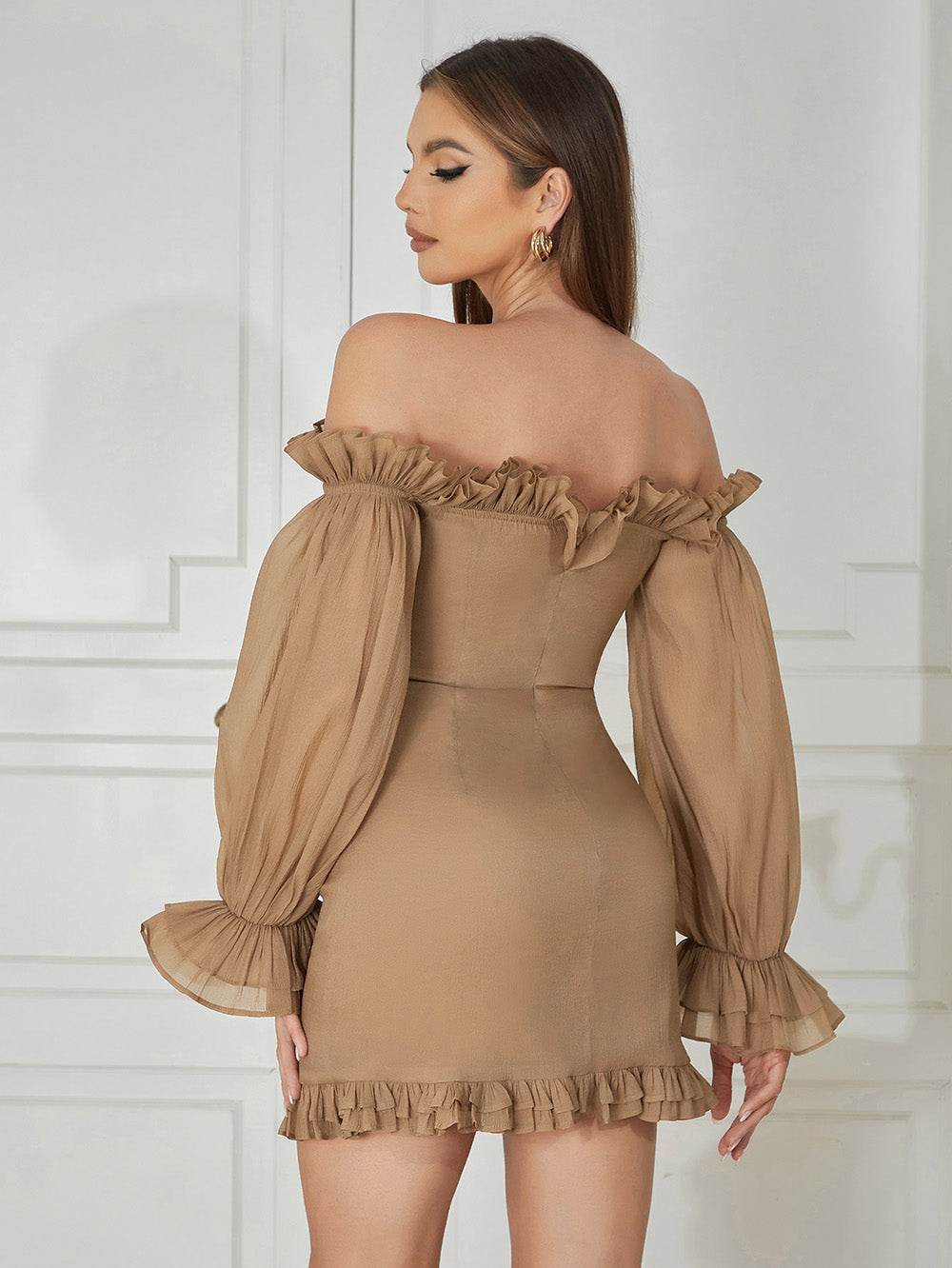 Puff Long Sleeve Off Shoulder Ruffle Dress Brown