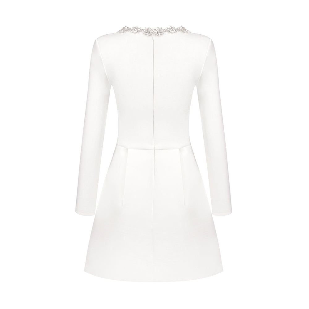 Long Sleeve Crystal A Line Dress White HV1295