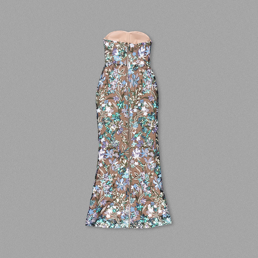 Strapless Sequin Floral Lace Maxi Dress Green HV1152