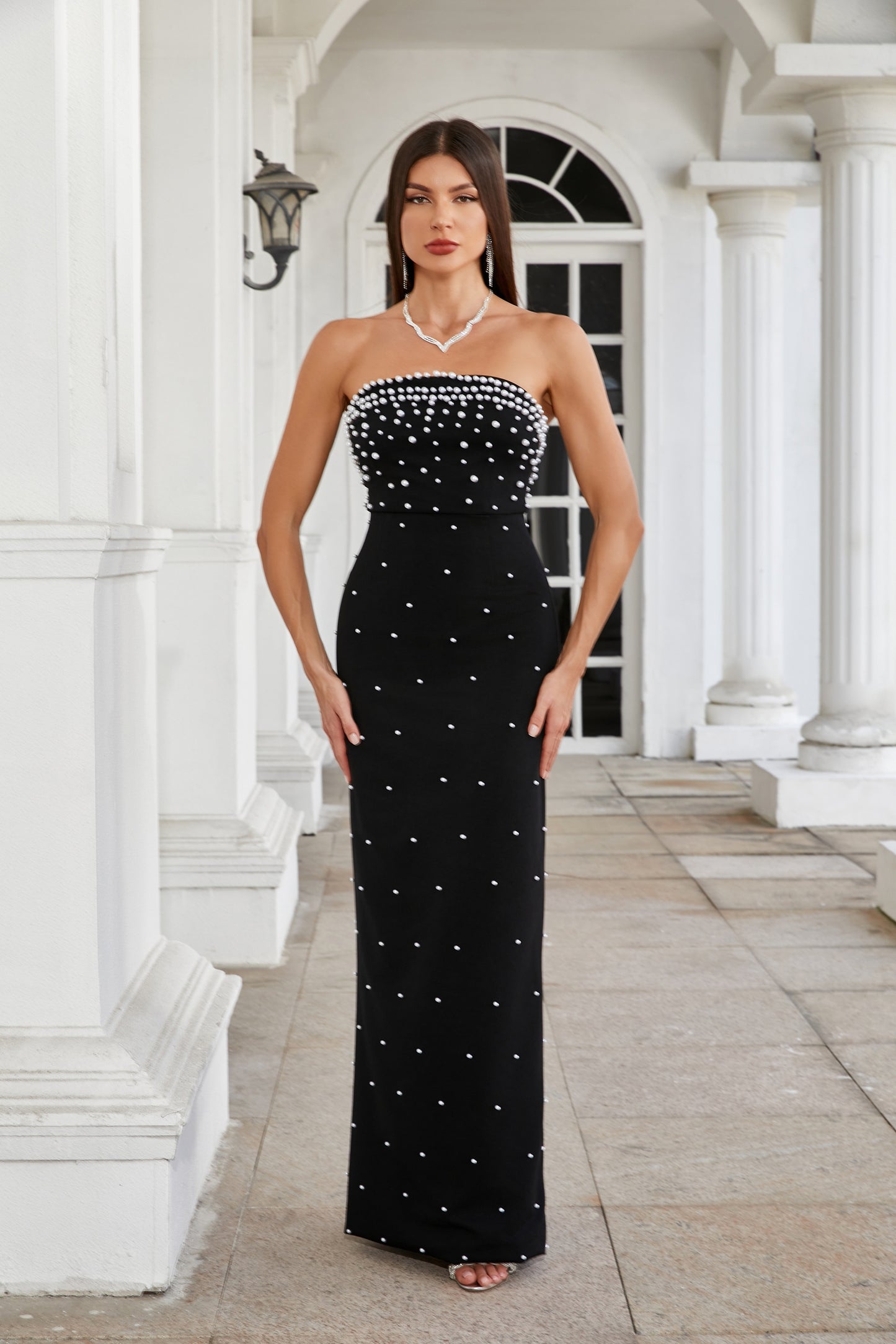 Strapless Pearl Maxi Dress Black HV1773