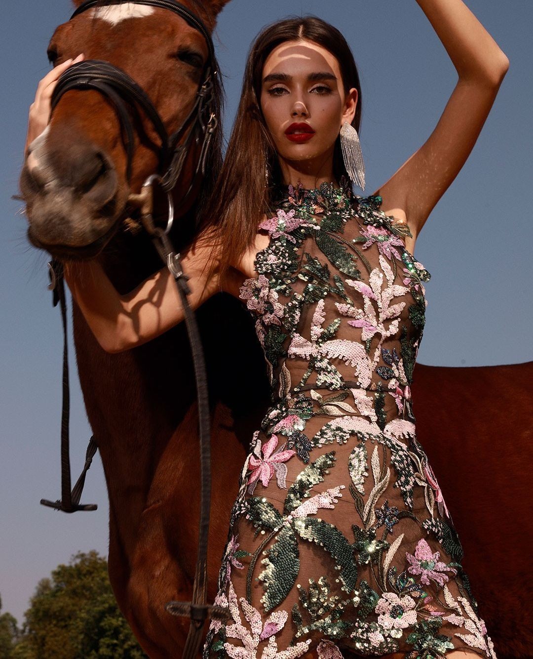 Floral Embroidered Sequin Dress Green Pink HV1600