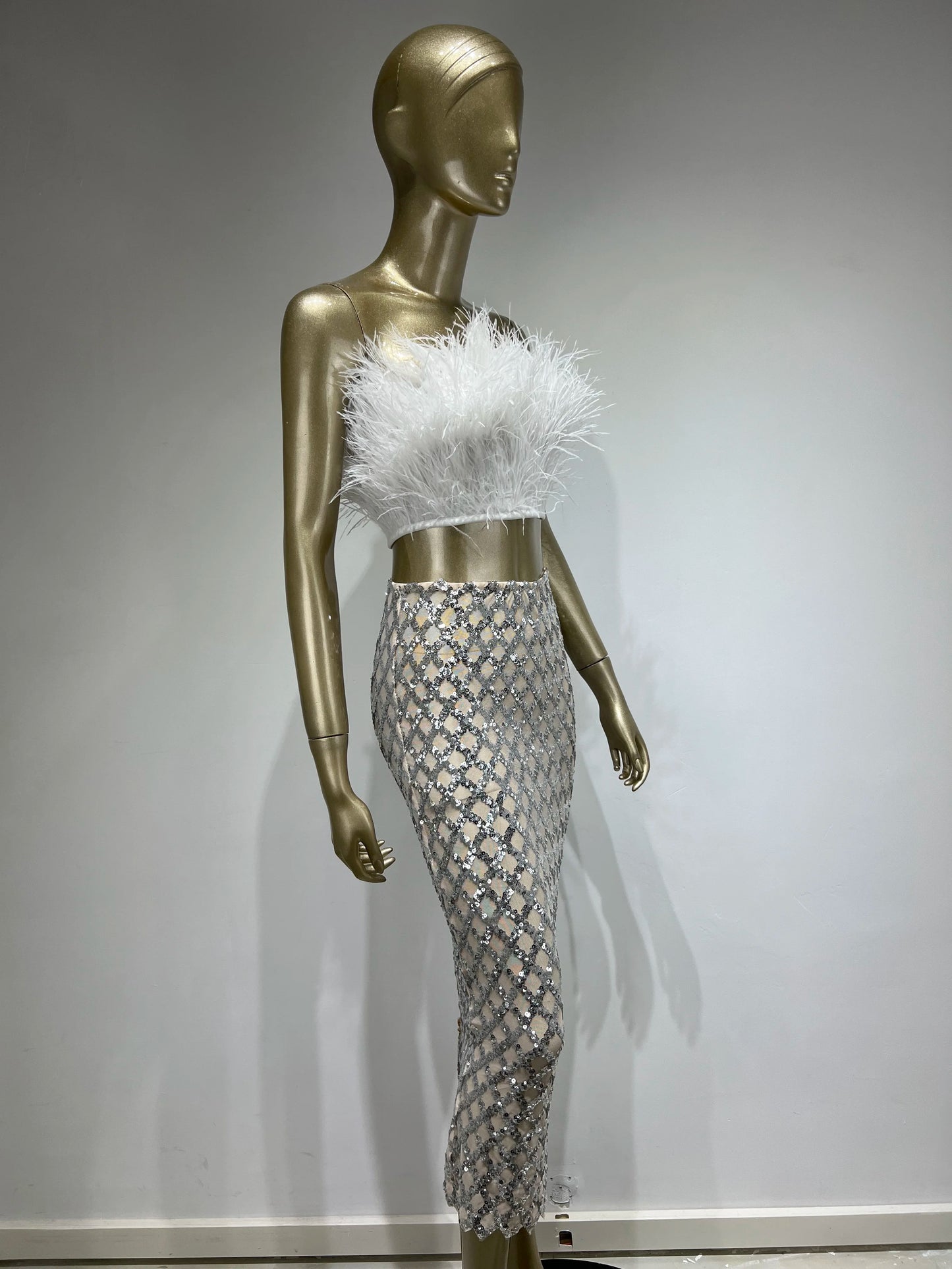 Strapless Feather Maxi Two Piece Dress HV8893