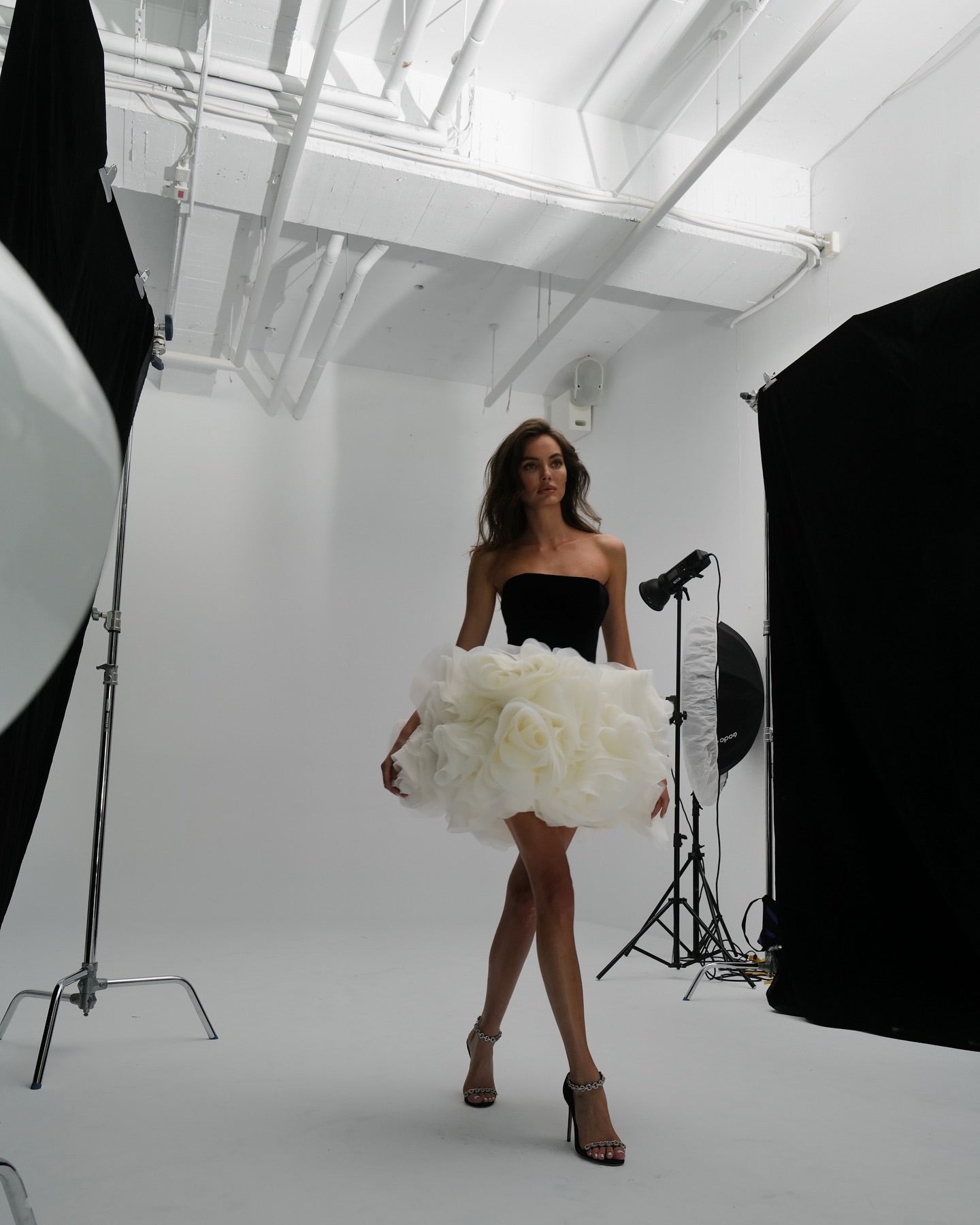 Strapless Floral Ruffle Dress Black White HV2039