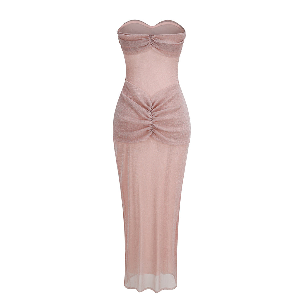 Strapless Ruched Sparkly Maxi Dress HV1673