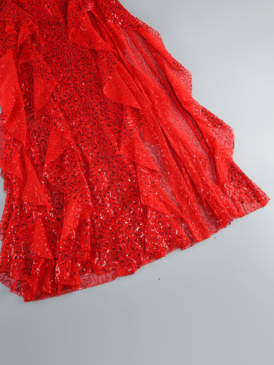 Bustier Sequin Ruffle Maxi Dress Red